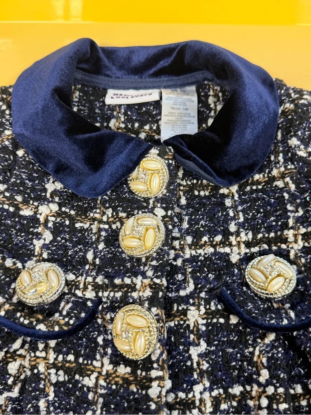 Blueberi Boulevard 12M Navy Tweed Coat Dress Velvet Collar Pearl Gold Buttons